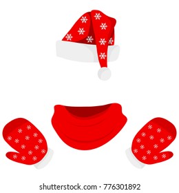 Santa Claus hat with scarf and gloves. Flat design, vector illustration, vector.