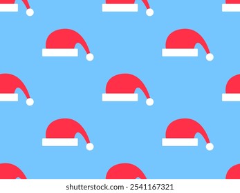 Santa Claus hat seamless pattern. Merry Christmas. Xmas cap on blue background. Festive design for greeting cards, wrapping paper, banners and posters. Vector illustration