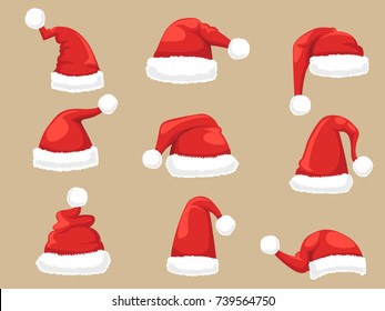 Santa Claus hat set. Collection of Christmas and New Year hats. vector illustration.