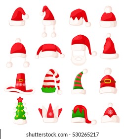 Santa Claus hat set isolated. Big collection of winter fur woolen hat. Father Christmas hats of different shapes. Flat icon winter snowboard caps elf accessory. Cartoon style. Vector illustration