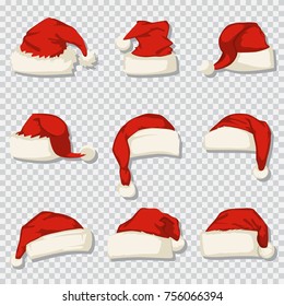 Santa Claus hat set isolated on a transparent background. Vector cartoon icons of Christmas decorative elements.