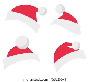 Santa Claus hat set isolated. Collection of winter fur woolen hat. Father Christmas hats of different shapes. Flat icon winter snowboard caps accessory in cartoon style flat design vector illustration