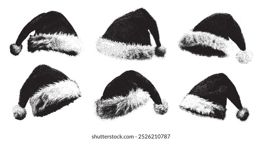 Santa Claus hat set. Photocopy stippled style collage elements for social media. Retro punk bitmap art. Monochrome dotted halftone vector grunge dadaism texture icons for Christmas and New Year cards