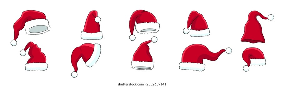 Santa Claus hat.
Set of red Santa hats with fluffy white fur. New Year's decor.
Vector illustration.