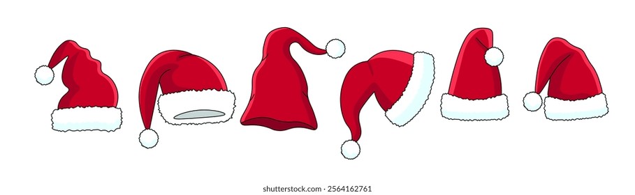 Santa Claus hat. Set of red Santa hats with fluffy white fur. New Year's decor. Vector illustration.