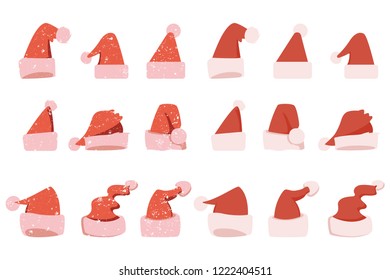 Santa Claus hat set. Vector cartoon Christmas icons isolated on a white background.