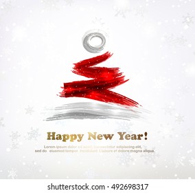 Santa Claus hat in the shape of a festive Christmas tree in front of soft snowflakes background