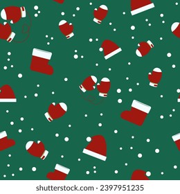 Santa Claus hat, shoe and glove seamless pattern for holiday festive season wrapping paper. christmas