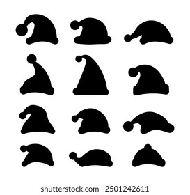 Santa Claus hat silhouette set. Christmas icon hats. Monochrome vector illustration