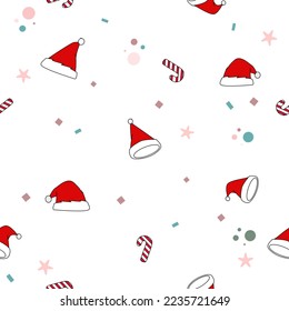 Santa Claus hat snow candy cane snowflake scarf isolated. Gift wrap paper doodle design. Christmas pattern vector.