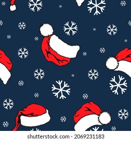 Santa Claus hat and snowflakes seamless pattern. Vector design in retro style. Christmas background packaging