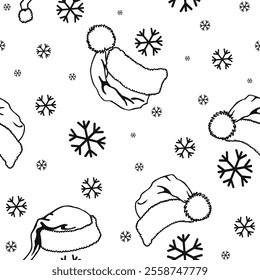 Santa Claus hat and snowflakes seamless pattern. Vector design in retro style. Hand drawn doodle seamless pattern. Festive Christmas packaging