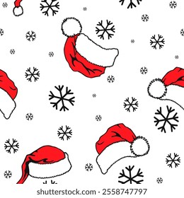 Santa Claus hat and snowflakes seamless pattern. Vector design in retro style. Hand drawn doodle seamless pattern. Festive Christmas packaging