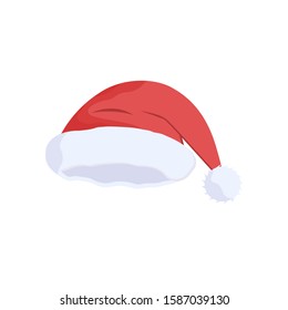 Santa claus hat. Traditional Xmas headdress,  festive new year headwear isolated on white background.Funny cap,  warm winter season headdress. Christmas celebration symbol.Flat vector illustration 