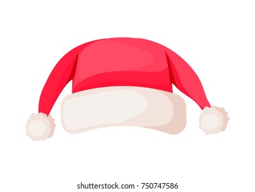 Santa Claus hat with two ends on top isolated on white. Winter fur woolen cap with pompoms. Father Christmas hat flat icon winter unisex snowboard accessory in cartoon style vector illustration