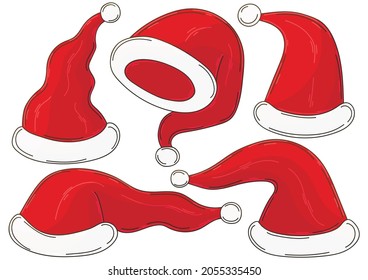 Santa Claus hat Vector Bundle. Collection of Santa Claus hats in handdrawn style. Set of vector illustrations for your design. Sign, pin