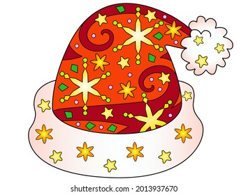 Santa Claus hat - vector Christmas full color zentangle illustration - with snowflakes and stars. Template for stained glass, batik, coloring. Christmas zentangle with Santa's hat