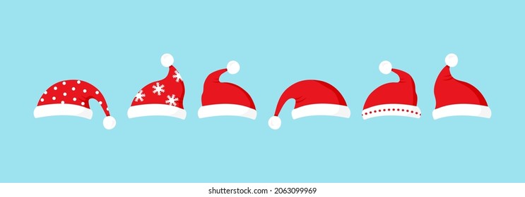 Santa Claus hat vector Christmas  icon, red New Year cap set, cartoon winter decoration isolated on white background. Holiday illustration