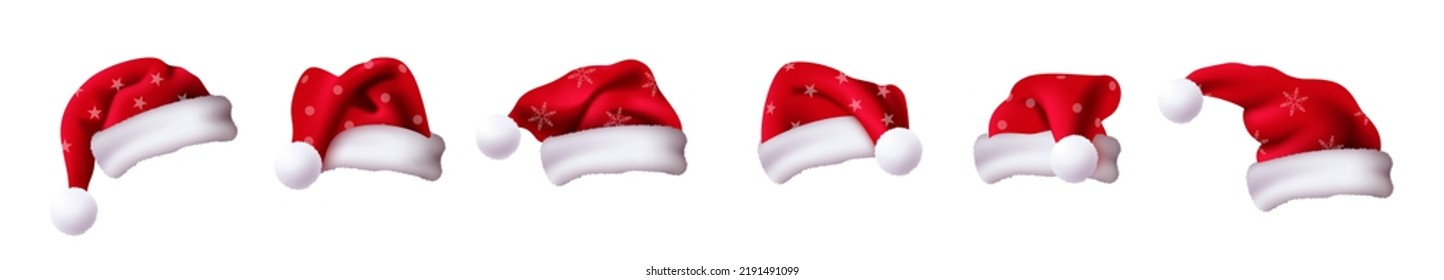 Santa claus hat vector set design. Santa 3d christmas cap elements collection with star and snow flakes pattern for xmas winter fashion costume decoration. Vector illustration.
