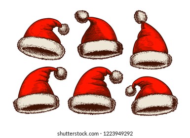 Santa Claus Hat, Vintage. Christmas Sketch. Vector Illustration