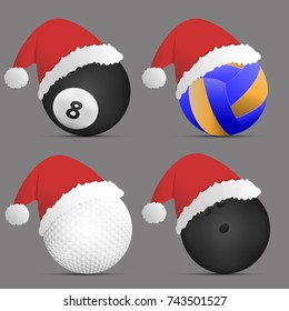 Santa Claus Hat with Volleyball ball, billiards ball, golf ball, bowling ball on gray background.set of sports balls. vector. illustration. graphic design. super sale for Christmas day.