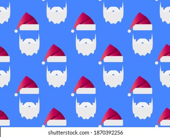 Santa Claus hat and white beard seamless pattern. Merry Christmas. Xmas holiday decoration for greeting cards, print and wraping paper. Vector illustration