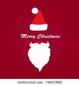 Santa Claus hat and white beard. Merry Christmas Title Typography Vector red background.