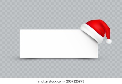 Santa Claus hat with white paper banner isolated on transparent background. New Year or Christmas red cap and frame. Vector 3d xmas icon