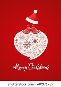 Santa Claus hat and white snow beard. Merry Christmas Title Typography Vector red background