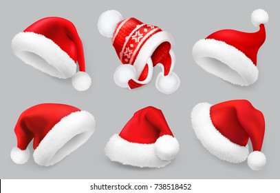 Santa Claus hat. Winter clothes. Christmas 3d realistic vector icon set