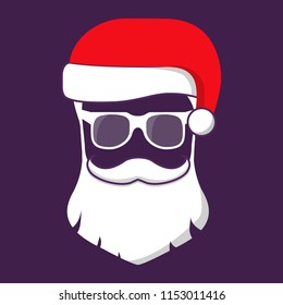 Santa claus hats, beard,moustache and glasses.Flat vector. Festive poster.
Isolated on a violet background.Christmas cartoon character. St Nicholas.