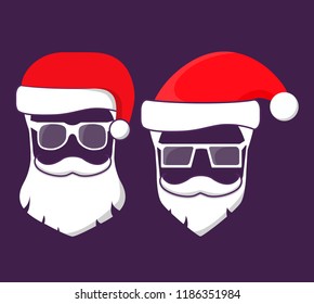 Santa claus hats, beard,moustache and glasses.Vector flat illustration. Festive poster.Isolated on a blue background.