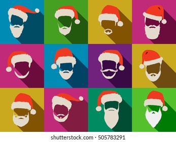 Santa Claus. Hats and beards. Icons collection.