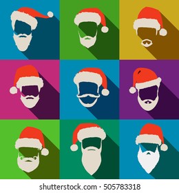 Santa Claus. Hats and beards. Icons collection.
