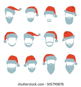 Santa Claus. Hats and beards. Icons collection.