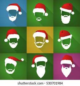 Santa Claus. Hats and beards. Icons collection.