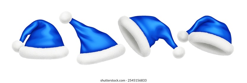 Santa Claus hats of blue satin and white fur realistic vector illustration set. New year holiday clothing style 3d models on white background