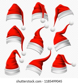 Santa Claus hats. Christmas red hat, xmas furry headdress plush wearing and winter holidays head fur wear decoration, funny clothes traditional costume cartoon 3D vector isolated icons set