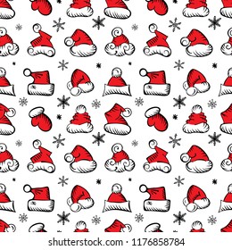 Santa Claus Hats Christmas Seamless Pattern for Holiday Packaging or Wrapping Design. Hand Drawn New Year Xmas Vector Illustration with Funny Sketch and Doodle Elements