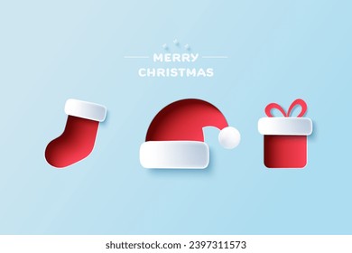 Sombreros de Santa Claus, medias de Navidad, calcetín y caja de regalo. Elemento de navidad de invierno y merry en el estilo de corte de papel. Ilustración vectorial.