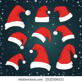 Santa claus hats. Collection of festive Christmas red caps for congratulations, invitation cards, printing, banner design. New Year's and Christmas headwear.