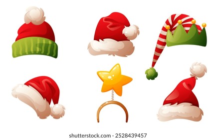 Santa Claus hats, elf hat, headdress with deer antlers and star. Winter hat, Christmas headdress, Santa Claus vector cap. Vector set for decorating Christmas and New Year designs.