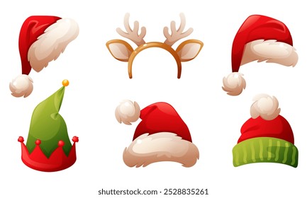 Santa Claus hats, elf hat, headdress with deer antlers and star. Winter hat, Christmas headdress, Santa Claus vector cap. Vector set for decorating Christmas and New Year designs.