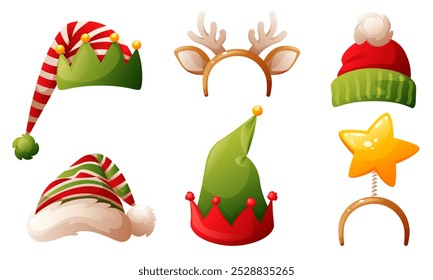 Santa Claus hats, elf hat, headdress with deer antlers and star. Winter hat, Christmas headdress, Santa Claus vector cap. Vector set for decorating Christmas and New Year designs.