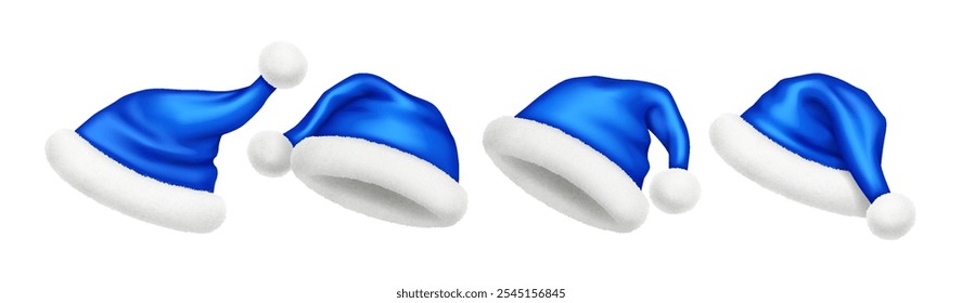 Santa Claus hats with fur balls realistic vector illustration set. Christmas festive atmosphere clothing 3d models on white background