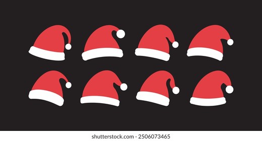 Santa Claus Hats icon set. Winter cap. Santa red hats with white fur. New Year red hat. Vector santa claus hat collection. Isolated Christmas holiday vector decoration. Vector illustration. 
