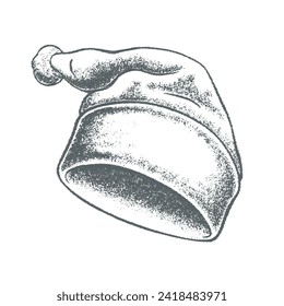Santa Claus hats are made in sketch style. Black and white ink drawing. Isolated on white background. Vector.