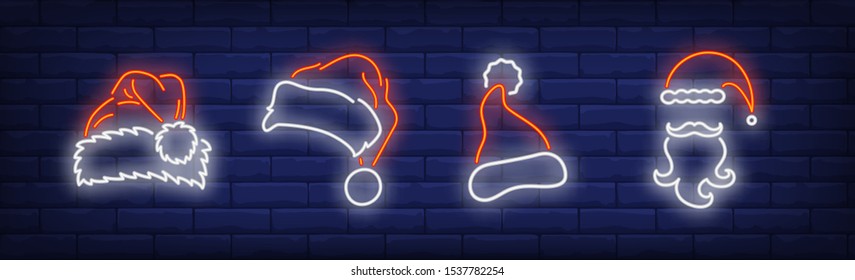 Santa Claus hats, moustaches and beards neon signs set. Christmas, New Year Day, celebration design. Night bright neon sign, colorful billboard, light banner. Vector illustration in neon style.