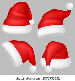 Santa Claus hats. realistic Christmas holiday red caps, winter holiday clothes décor elements, 3d illustration, xmas symbol, new year traditional head wear vector