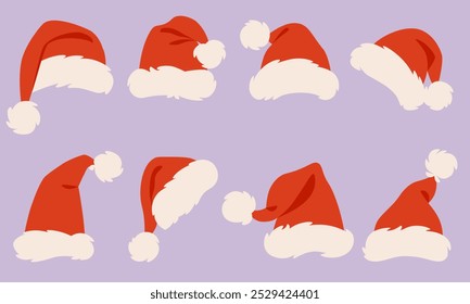 Santa Claus hats red with white fur of different shapes. Winter hat, Christmas headdress, Santa Claus vector cap. Santa suit for New Year. Vector set for Christmas and New Year designs.